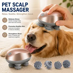 Pet Head Electric Massager for Cats & Dogs, Grooming Supplies with 4 Silicone Heads (96 Nodes), 3-Speed 360° Kneading Vibration, Muscle Relaxation & Circulation Boost, Bath-Friendly Tool for All Sizes