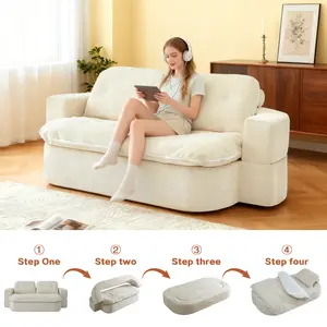 78" foldable memory foam 2-seater sofa, flip-up sleep sofa bed, 2-in-1 foldable sofa bed, foldable floor sofa, made with sherpa fabric, comes with 2 large throw pillows, suitable for living room, bedroom, and leisure area (white) spacesaver