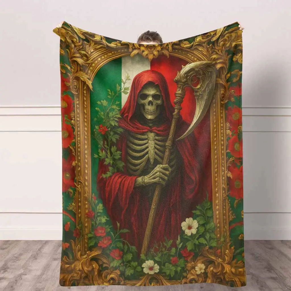 Grim Reaper Flannel Bed Blanket - Floral Skeleton Print, Soft, Cozy, Warm, Lightweight, Breathable, Wrinkle-Resistant, Durable, Machine-Washable, Ideal for Halloween Decor, Living Room Use