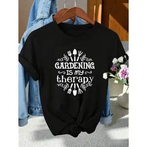 100% pure cotton women's T-shirt, featuring a grass pattern and letter print, round neck design, casual and elegant, suitable for spring, summer, and autumn wear. Soft, comfortable, lightweight, and breathable