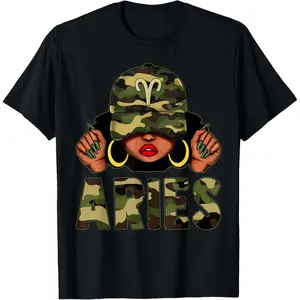 Cotton Aries Queen T Shirt for Black Women Featuring Cap Camo Afro Zodiac Style