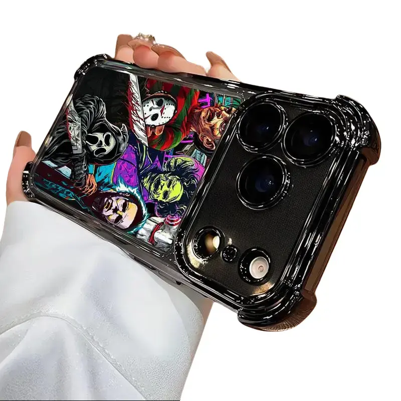 Horror movie collection transparent acrylic drop-resistant phone case, compatible with iPhone 17 Pro Max, 16–11, and Samsung Galaxy S26, S23 Ultra, S24 Plus, S25, S22+, FE, and Edge; includes a camera lens protector.