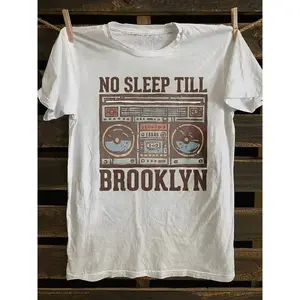 Men's Vintage Punk Rock Graphic T-Shirt - "NO SLEEP TILL BROOKLYN" Retro Boombox Design, Soft 100% Cotton, Casual & Comfortable Fit, White With Brown & Teal Accents, Everyday Tshirt |   Vintage Boombox Design |   Soft Cotton Shirt, Rock Band T Shirts