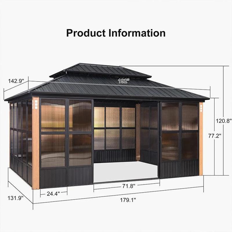 PURPLE LEAF 12' x 16' Hardtop Gazebo For Patio | Screen House Wood Grain Aluminum Solarium Canopy