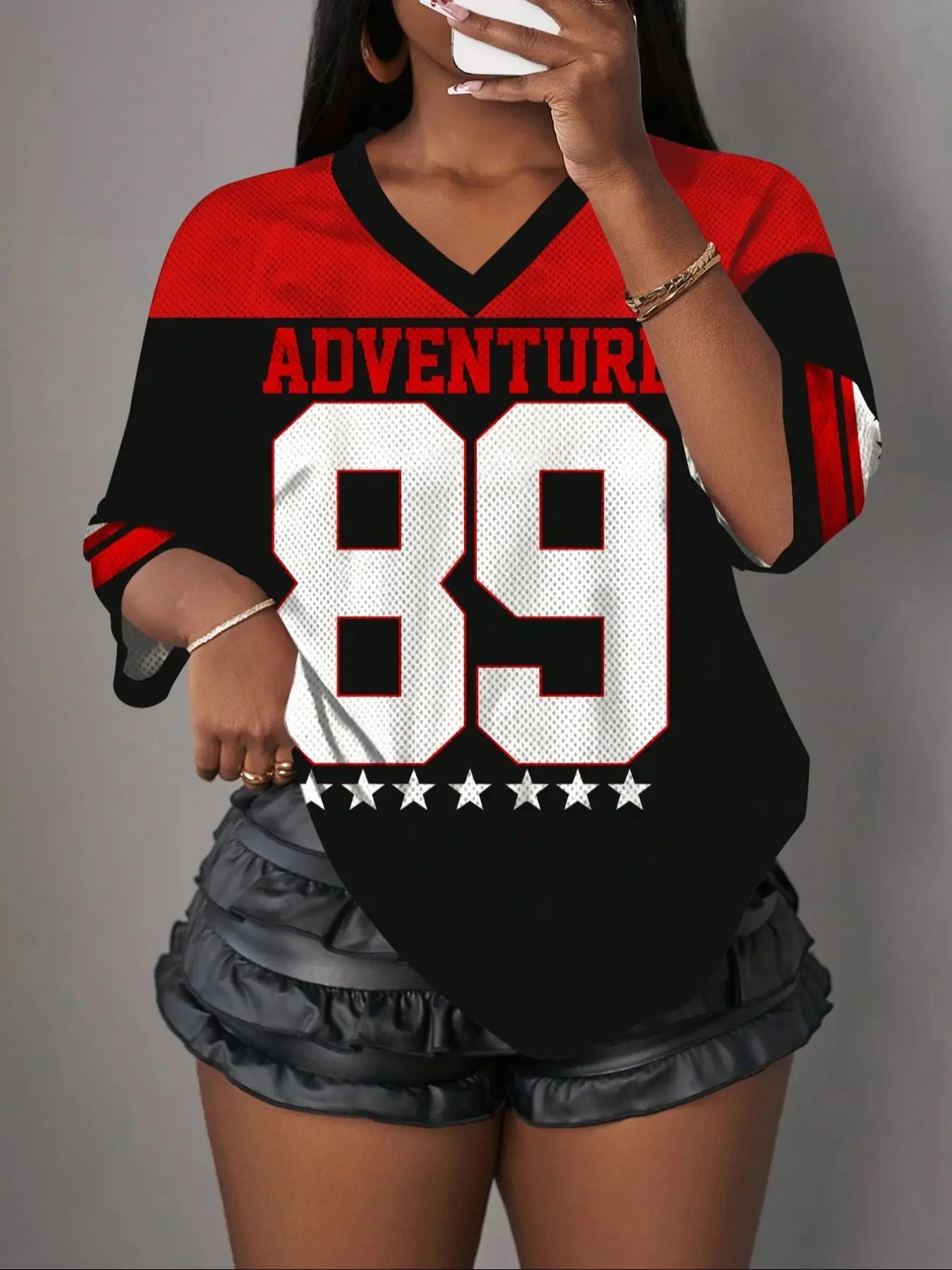 Women's Y2K Casual Simple Letter Number 89 Pattern Printed T-Shirt, Breathable Mesh Sports Ball Jersey, Streetwear Daily Wear Top, Casual Sporty Top, Casual Sporty Style, Athletic Sports Clothing
