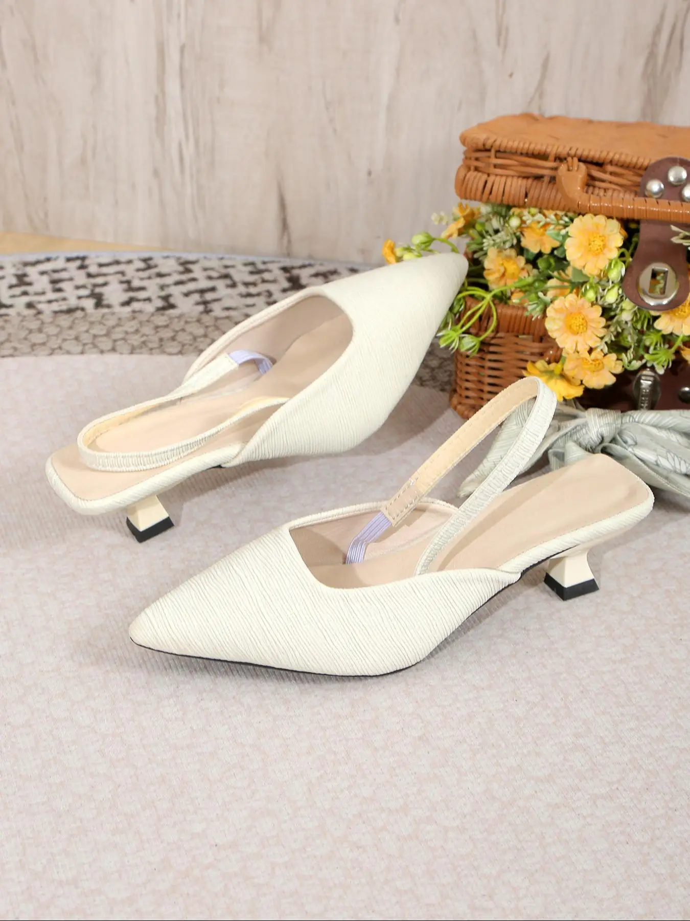 Solid Color Pointed Toe Slip on Heeled Sandals for Women 2024, Slingback Kitten Heel Luxury Designer Sandals for Party, Daily Clothing Decor for Women