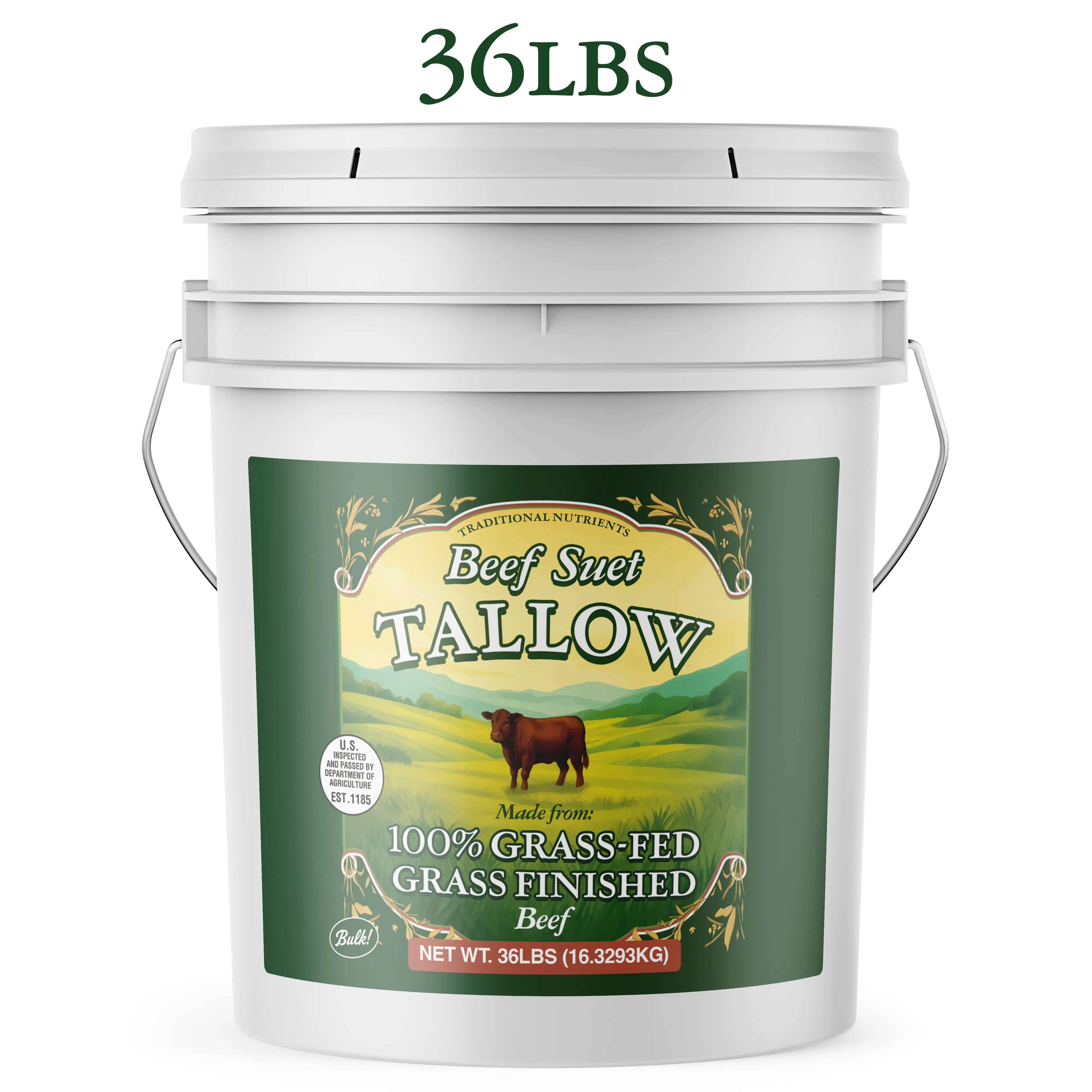 36lb Grass Fed Beef Tallow, Grass Finished, Pure Beef Suet Tallow Fat (5 gallon)