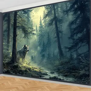 Large-Scale Forest and Wolf Nighttime Scene Tapestry - Dramatic Polyester Wall Art for Parties, Living Room, or Room Decor, Multiple Sizes Available, Party Backdrop |     Mystical Forest Design |     Detailed Textures, Wolf Decor