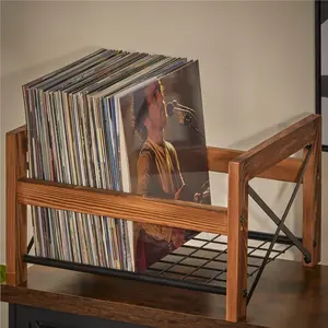 Vinyl Record Holder for 7"-12" Albums, Holds 50-100 Records, DVDs, or CDs - Modern Wooden Storage Stand, File Organizer Rack, Brown