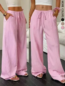 Women's Casual Solid Color Textured Fabric Drawstring Adjustable Loose Wide Leg Pants,Women's Casual Simple Long Pants, Comfortable and Stylish, Perfect for Daily Wear, All Seasons