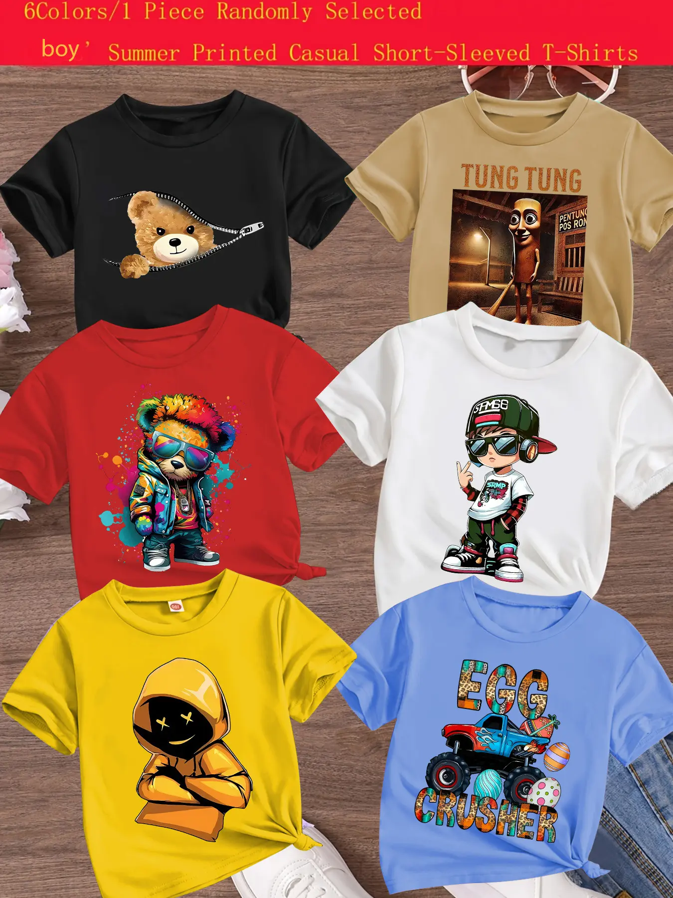 Boys Summer Casual Cool Bear Truck Pattern Print Short Sleeve T-Shirt, Comfortable Versatile Loose Fit, Random Style Gift, Cartoon Print Tee, Graphic Printed Tee, Graphic Tees