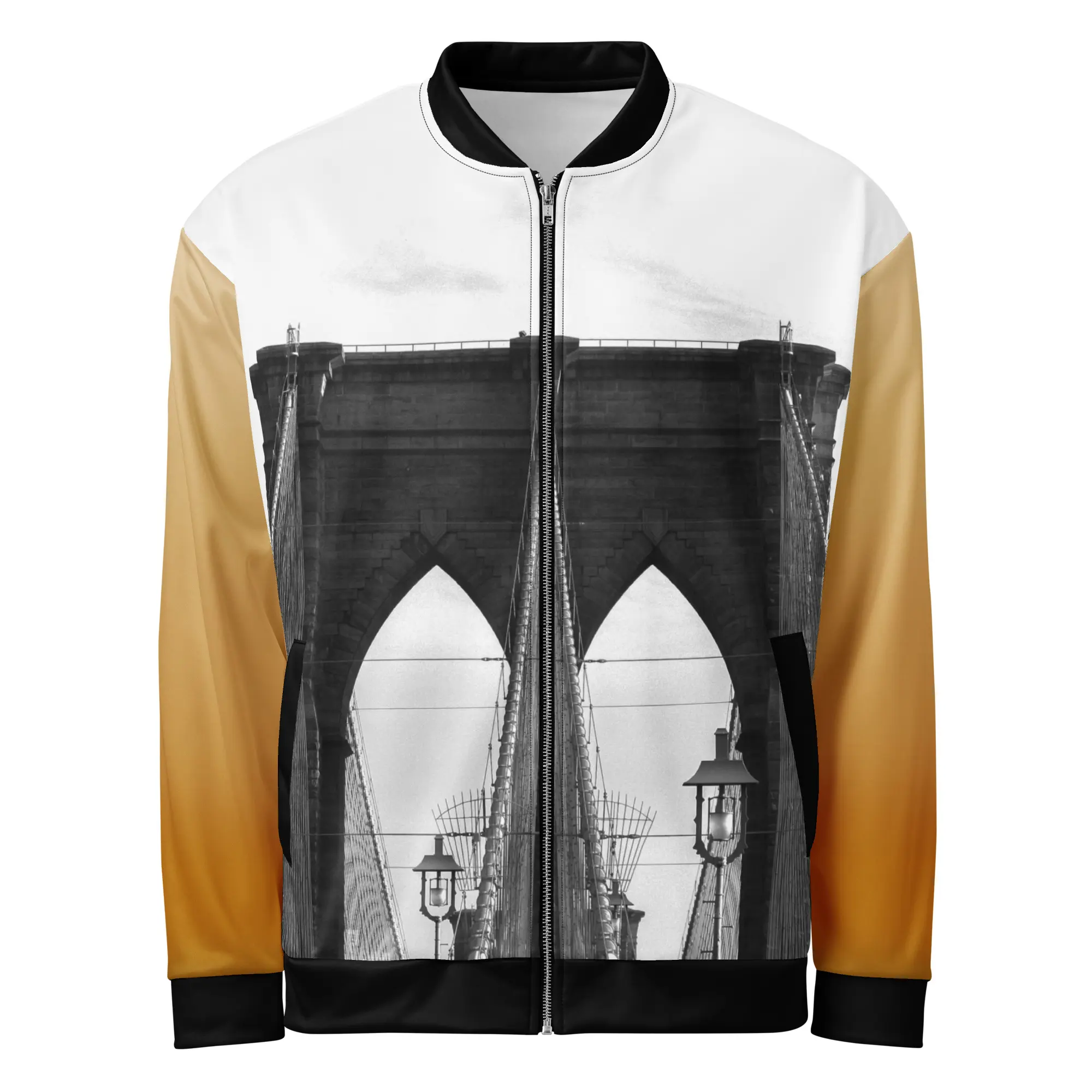 Zire Graphics BK Brooklyn Bomber Jacket Classic Menswear Black Canvas Coats All Seasons Streetwear Long Sleeve Zip-Up with Side Pockets