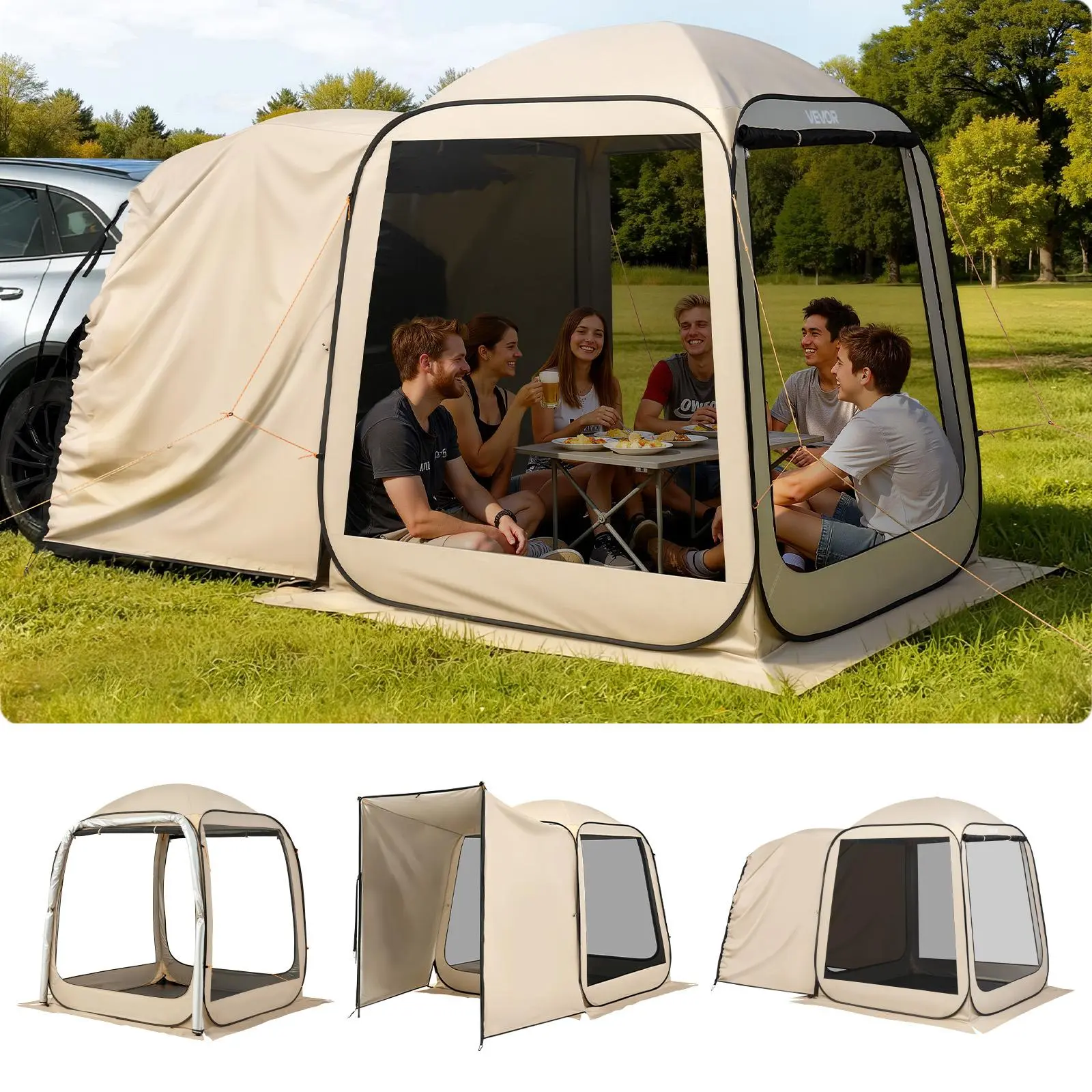 【FathersDayGift】VEVOR Screen House Tent, 6 x 6 ft, 4-6 Person Pop Up SUV Tailgate Tent, Portable Screened in Canopy with Carry Bag, Netting Sides, for Car Camping, Garden, Patio, Backyard, Outdoor Activities, Beige