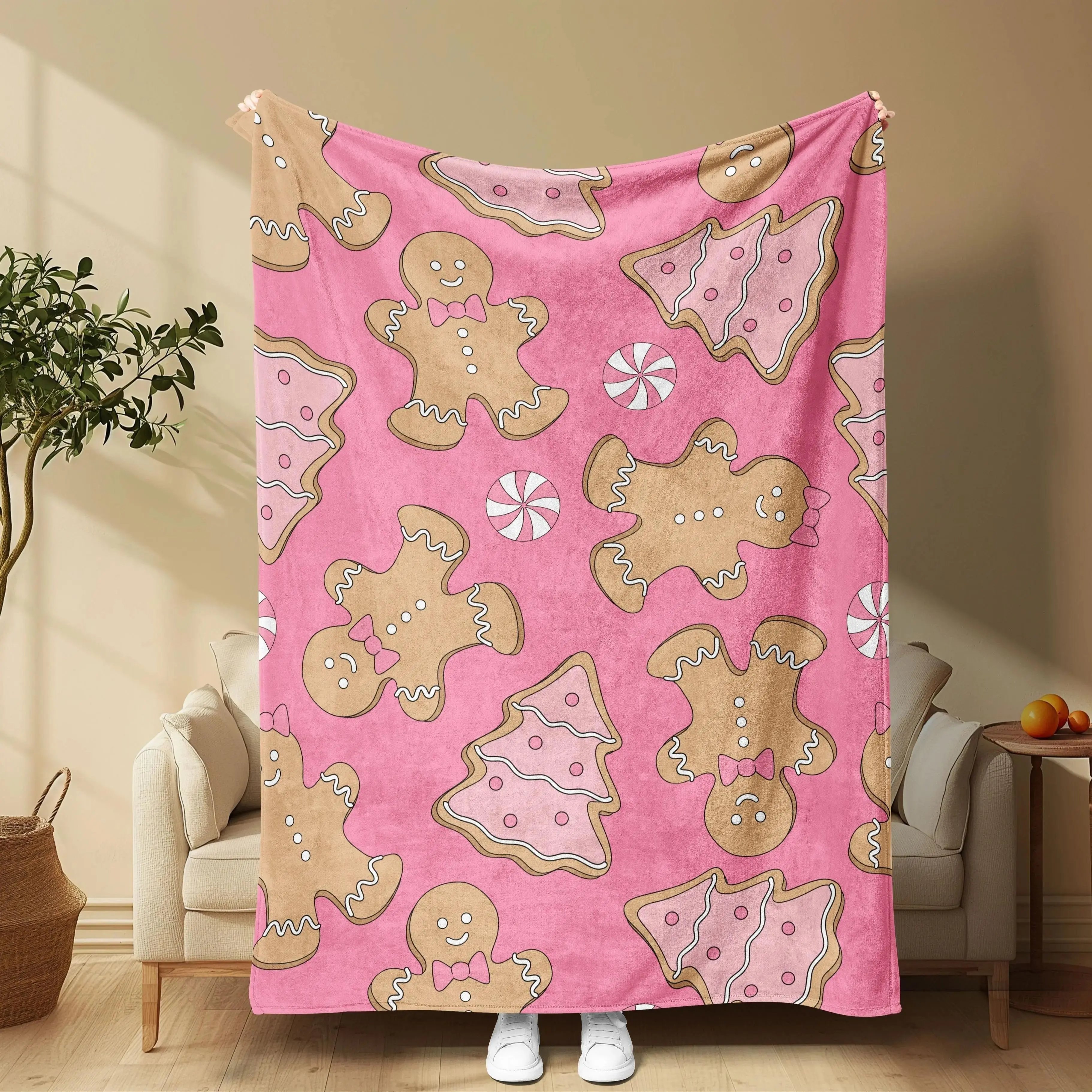 This Pink Christmas Blanket Features A Festive Pink Gingerbread Man And Christmas Tree Pattern. Made Of Soft Flannel, It Has A Modern Style And Is Suitable For All Seasons. The Digital Print Makes It Perfect For Home, Office, Or Travel