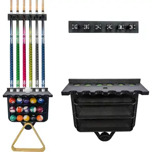 Wall Mount Pool Stick Holder - 6 Cue Rack with Ball Holder & Cue Rest, Engineering Polypropylene Board with Carbon Fiber Veneer, Pool Cue Holder for Game Room Pool Table Accessories