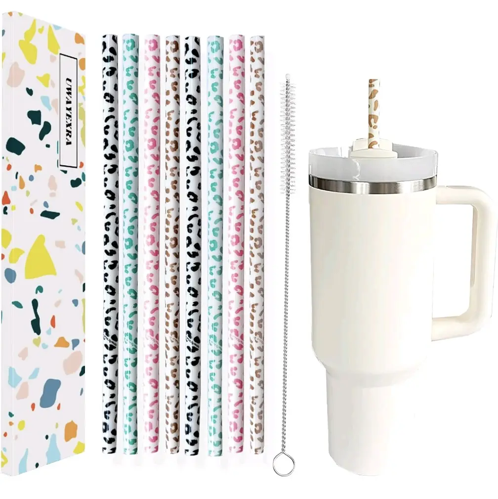 8-Pack Printed Leopard 40oz Tumbler Replacement Straws - 12" Extra Long Portable Reusable Drink Accessories for Stanley Cups, Beverage Novelty Straw Drinkware Accessories