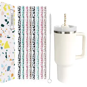 8-Pack Leopard Print 40oz Tumbler Replacement Straws - 12" Extra Long Reusable Iced Coffee Tea water Straws for Stanley and other Cups Drinkware