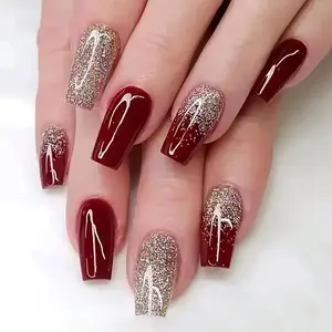 Deep Red Premium 24pcs Long Ballet Shimmer French Full Coverage Press-On Nail Stickers And Jelly Glue And Nail File Kit Suitable Women/ Party Prom Daily Scenes