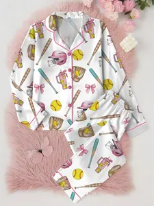 Softball Satin Pajamas Set, Women's White Satin Pajama Set – Softball Print Sleepwear, Sporty Summer Loungewear