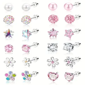 12 Pairs Hypoallergenic Screw Back Earrings For Women Girls Surgical Steel Cute Heart CZ Flower Pearl Ball Tiny Screwback Stud Earring