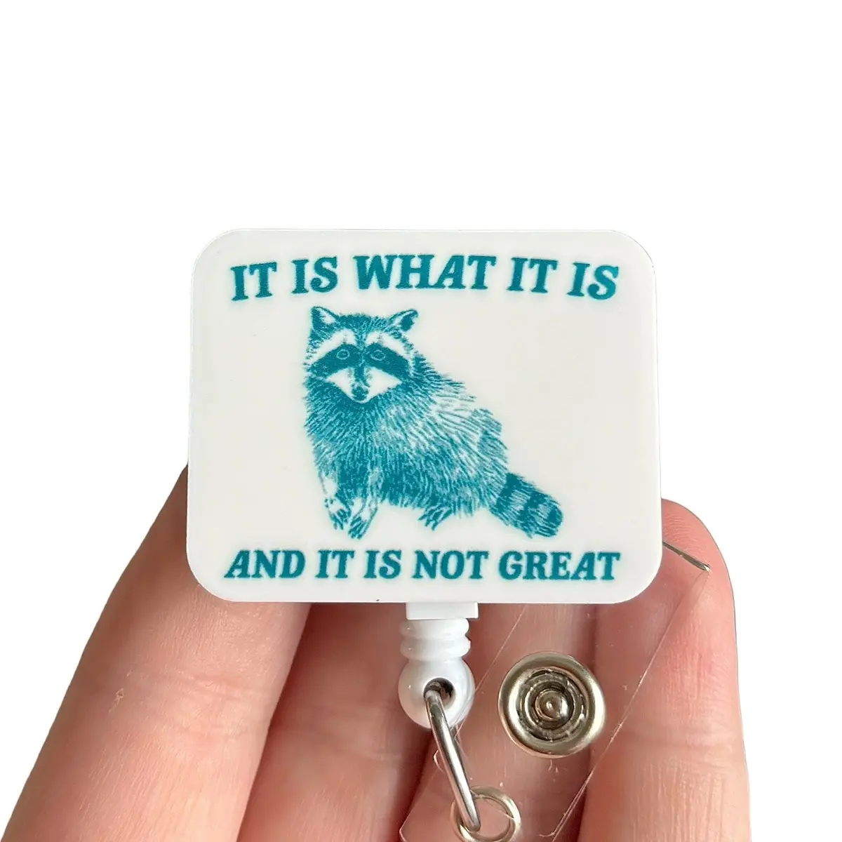 Glitter My Badge Funny raccoon badge reel for nurse and hospital workers. Badge clip Badge pull - Retractable swivel clip with a 360 rotation. Great gift for coworker. Badge reel for men.