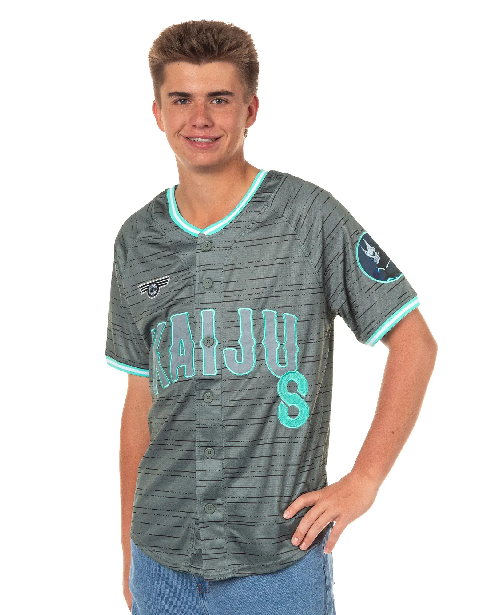 Kaiju No. 8 Baseball Jersey Kafka Hibino Short Sleeve Button Up Shirt, Lightweight, Embroidered Patches, Relaxed Fit, Polyester, Bold Kaiju No. 8 Graphics, Striped, Oversized Number, Baseball Look