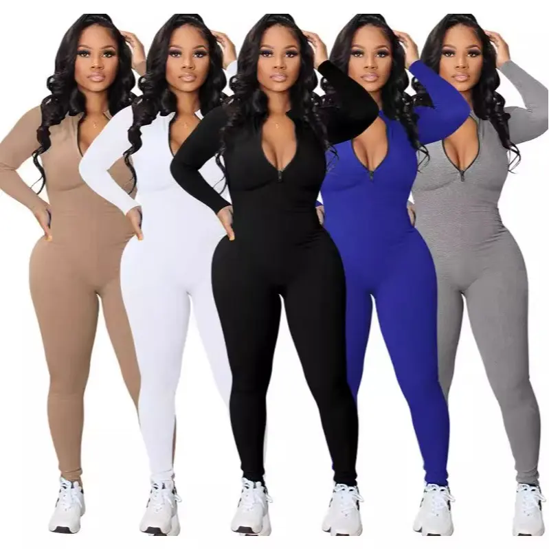 Women's Ribbed Seamless Jumpsuit, Long Sleeve, Form-Fitting Zip-Up Sportswear for Gym & Workouts, Longsleeves, Lady