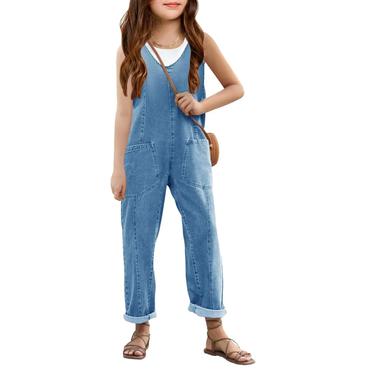Haloumoning Girls' Denim Overall Jumpsuits Sleeveless V Neck Adjustable Straps Jeans Pants Jumpers with Pockets