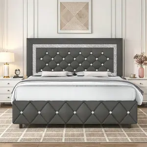 Twin/ Full/ Queen/ King Size Bed Frame, Upholstered Bed Frame With Diamond Headboard And Footboard, Pearl White/ Beige/ Black/ Grey/ Pink/ Purple/ Green, Queen Bed Frame