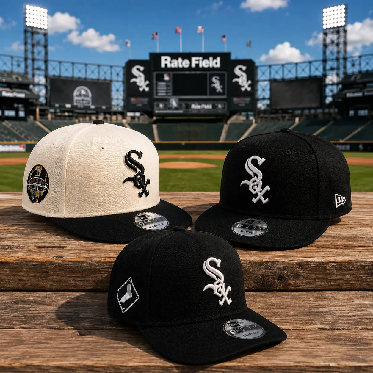 Chicago White Sox 9FIFTY Snapback Hat – Black & Cream Embroidered Logo Flat Brim Baseball Cap