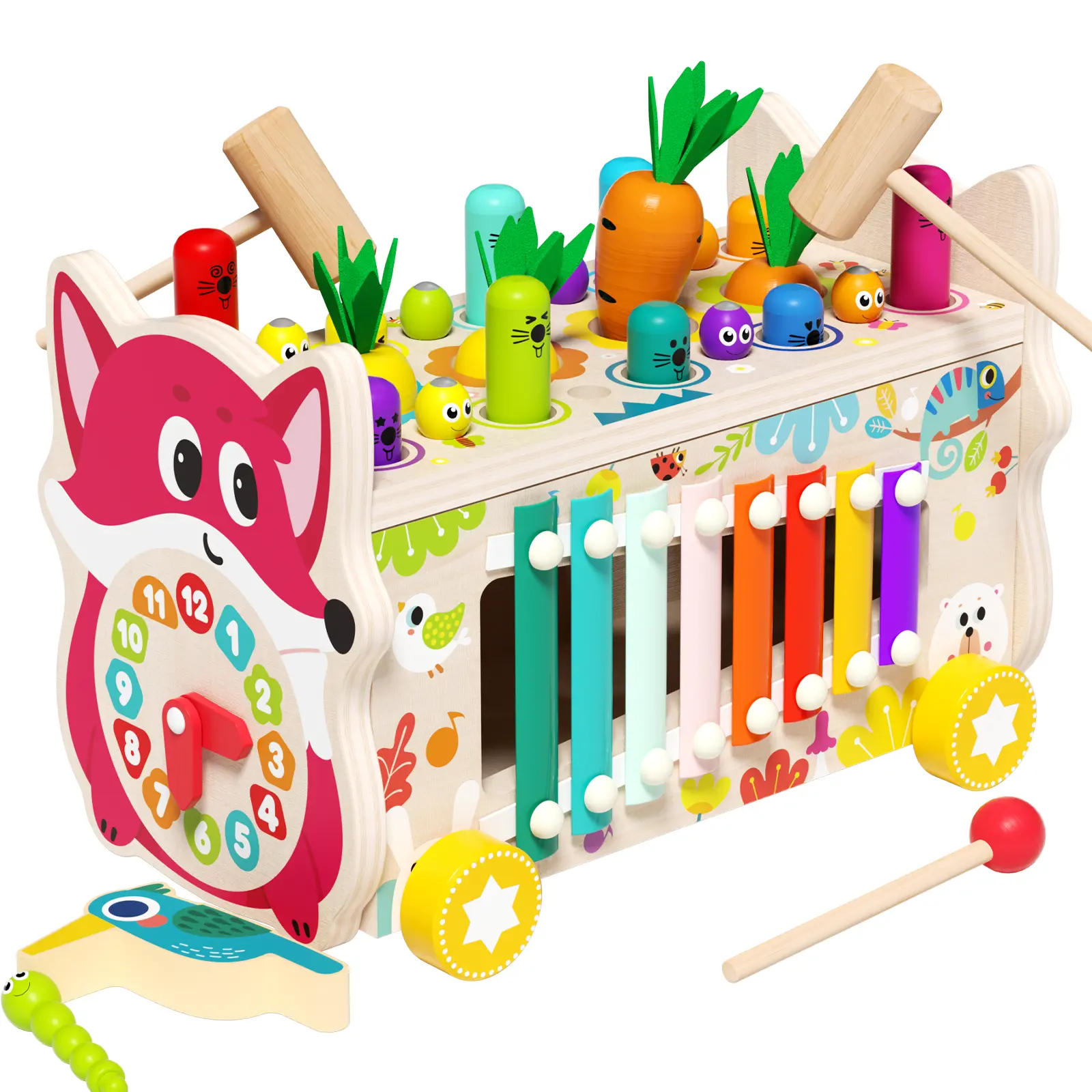 Edutree Multifunctional Fox Whack Game a Mole，Wooden Montessori car shape toddler toys for kids, color recognition hand-eye coordination music sense motor skills, Mother's Day Sensory Activity Board Learning Materials