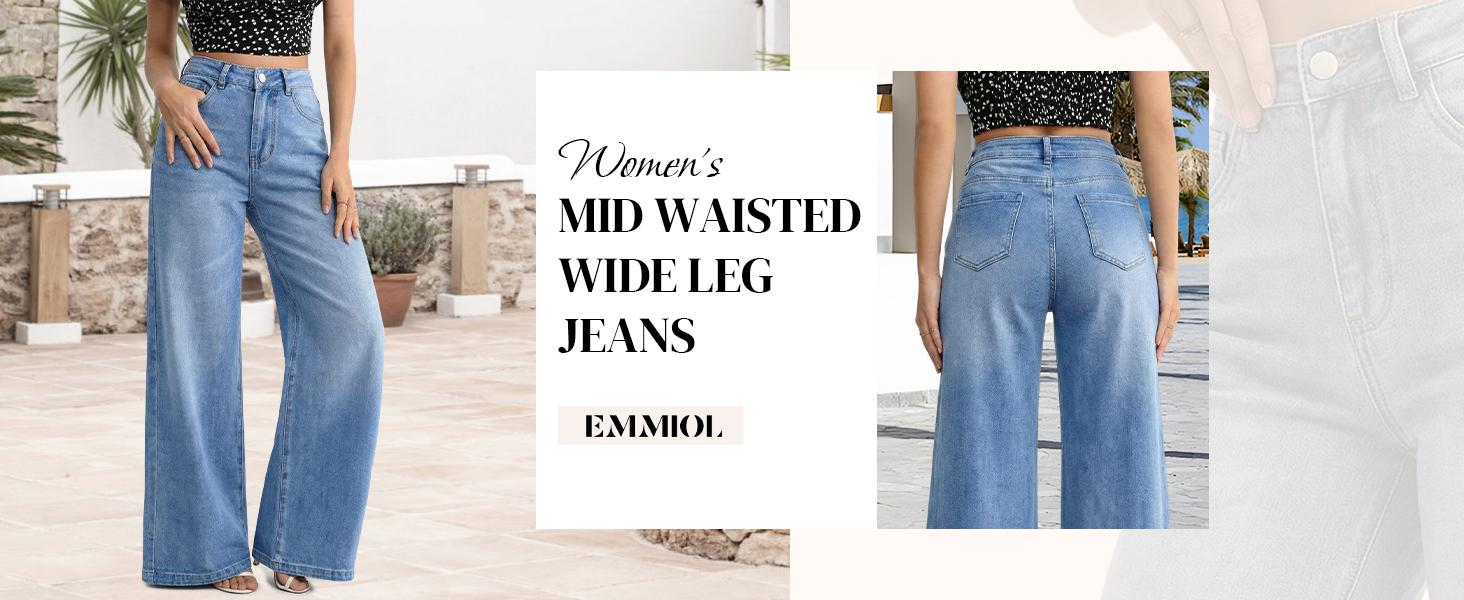 EMMIOL Women's 2026 Wide Leg Jeans Cotton Stretch Baggy Jeans Mid Waist Boyfriend Denim Pants Vintage Trousers with Pocket