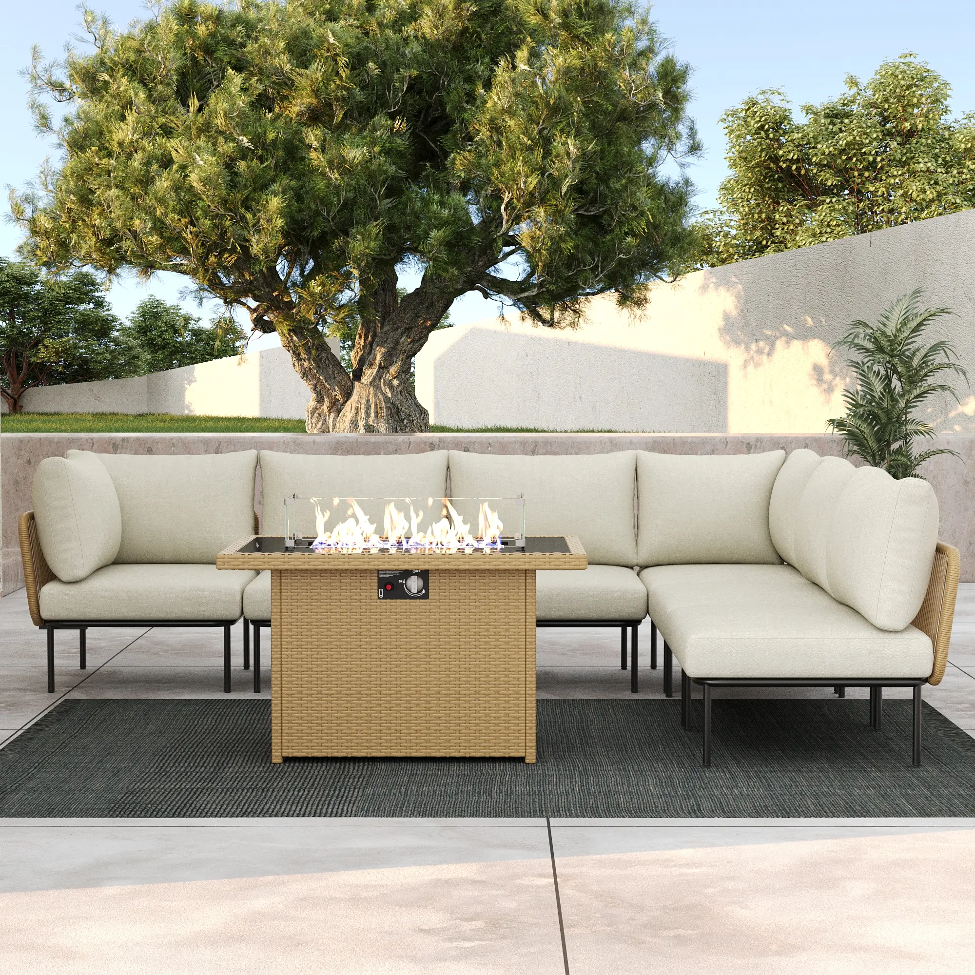LayinSun 7-Pieces Aluminum Patio Furniture Set, Modern Modular Sectional Sofa with Fire Pit Table and Upgrade Thickness Cushion, Multiple Packages