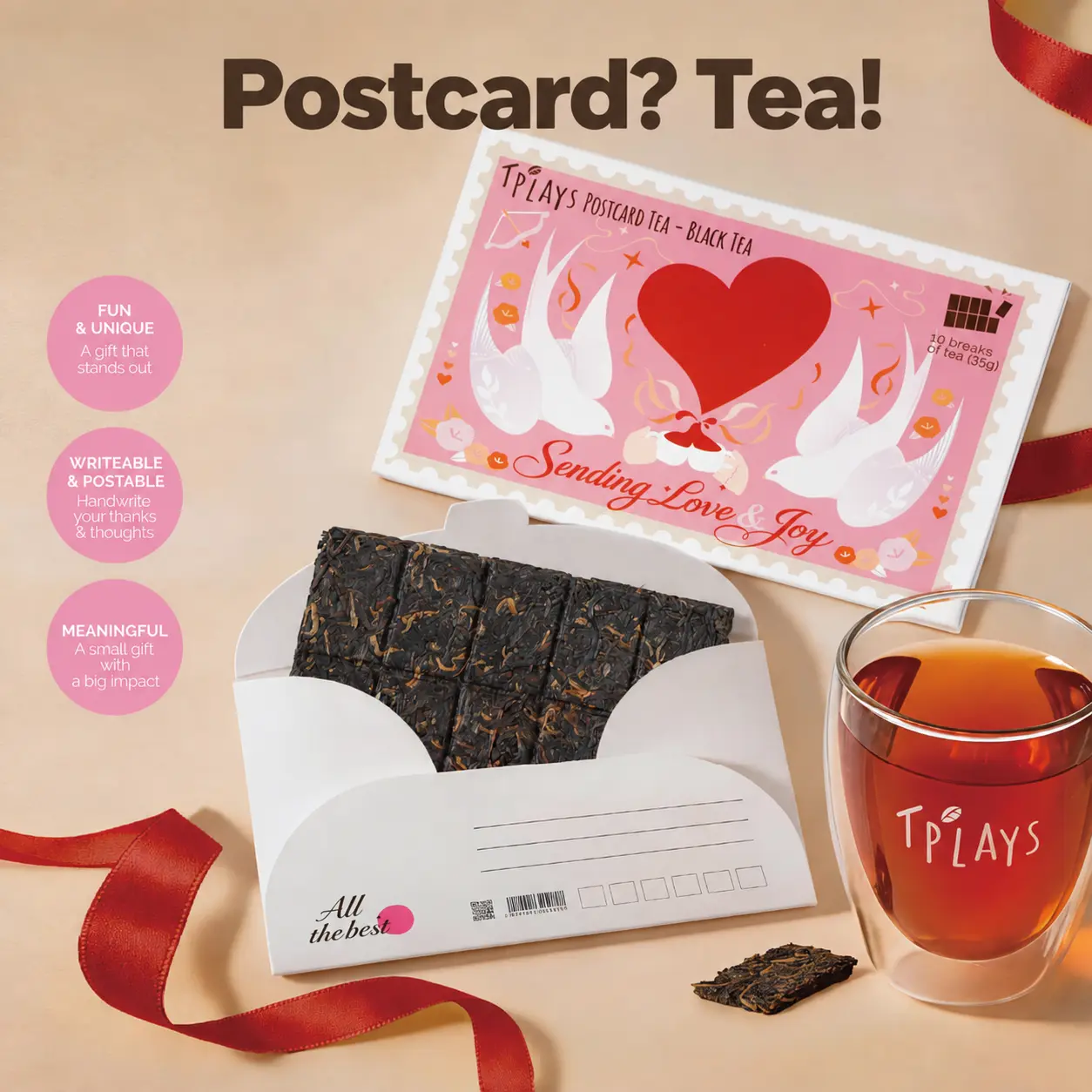 TPlays Pressed Black Tea Postcard Gift Set with Card Design, Custom Message Card - Long-Distance Friendship, Birthday Gift for Special Recipients