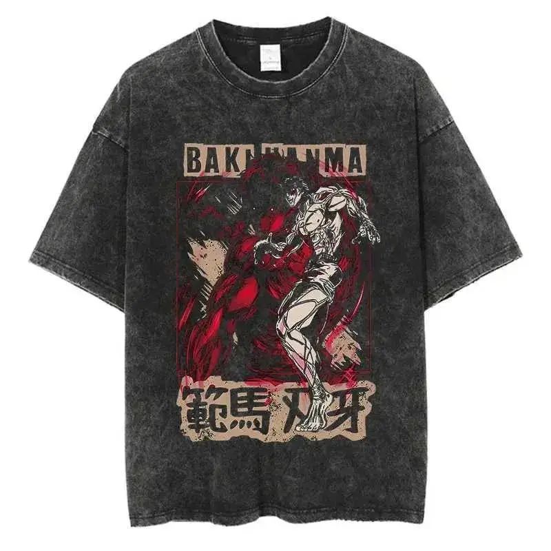 Baki Hanma Shirt, Baki Hanma Red Shadow Aura Martial Arts fashion wear Oversized Tshirt, Vintage Anime Graphic Tee, Acid Wash Streetwear, BAKI HANMA Top Text Red Shadow Ogre Aura Dynamic Fighting Stance Kanji Banner Front Graphic Top
