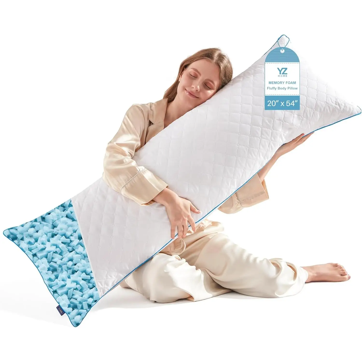 Adult 20x54 in White Synthetic Shredded Memory Foam Long Pillow Insert - Side Sleeper Pillow, Quilted Top, Adjustable/Customizable Height & Firmness, Breathable, Cold Washable, Zippered Openings, Year-Round Use Support, Indoor