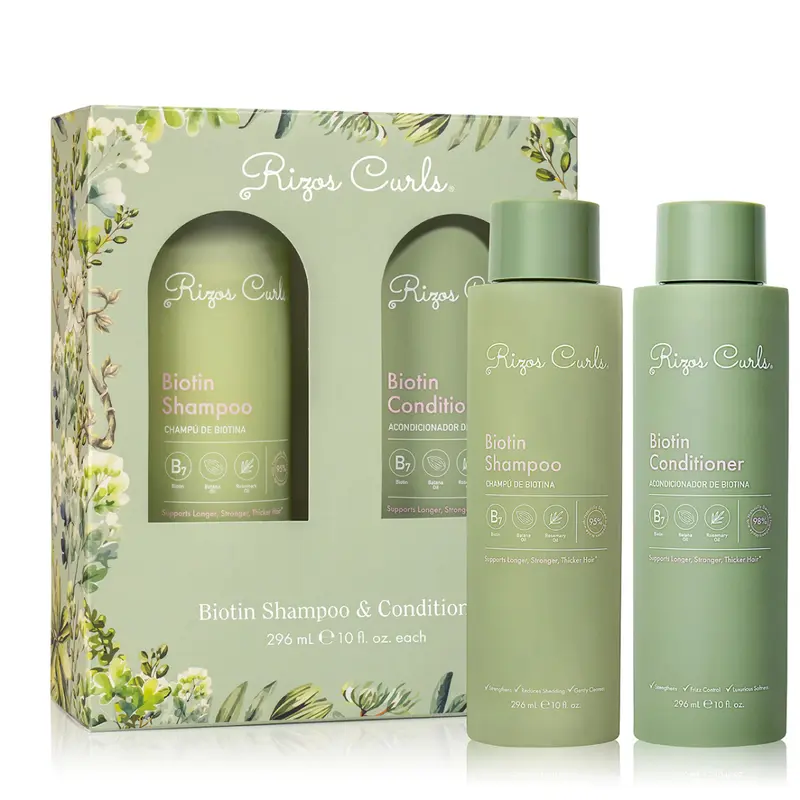 Rizos Curls Biotin Wash Bundle for Longer & Stronger Hair Includes Biotin Shampoo & Conditioner Gentle Cleansing Formula with Oat & Rosemary Vegan Cruelty Free Haircare Reduces Frizz Cleanser