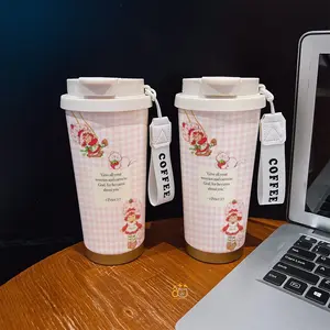 Coffee mug 530 ml / 17.92 oz insulated mug, Strawberry Shortcake Girl with White Cat Pink Gingham Pattern Print Double-walled, leak-proof, Stainless Steel Insulated, travel mug with handle, perfect for coffee lovers, art enthusiasts
