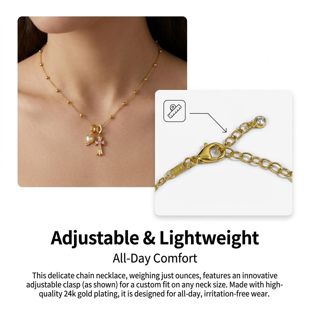 Pink Diamond Cross & Heart Shell Pendant Clavicle Necklace