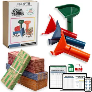 150-Piece Assorted Change Roll Coin Wrappers for All Coins with 4 Assorted Size Coin Tubes, Bonus Digital Coin Handling Guide & Cash Tracking Templates