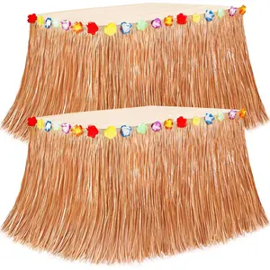 2PCS 108 X 29.5" Hawaiian Themed Luau Grass Table Skirt Flower Tropical Hula Dance Summer Beach Party Decorations Supplies