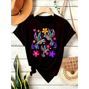 Bohemian-Style Graphic Tee for Plus-Size Women Featuring Vibrant Birds And Floral Designs on a Black Background  This Short-Sleeve Crew Neck Summer Shirt Is Made from Non-Transparent Fabric, Suit