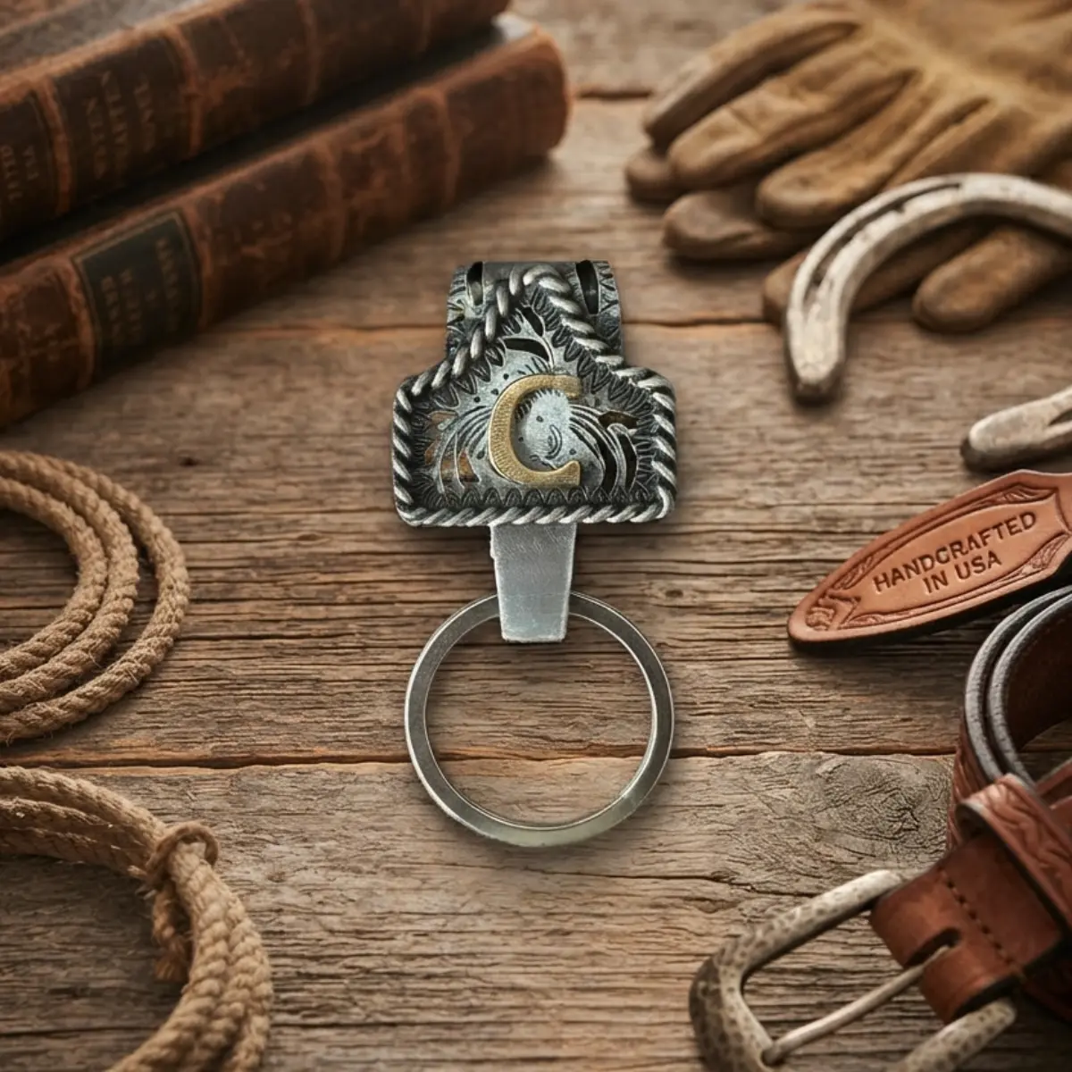 Handmade Western Cowboy Letter Keychain Western Initial Key Chain Clip Cow Tag Belt Key Holder for Pocket or Belt Daily Carry Accessory