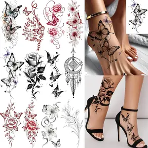 12 Sheets Beautiful Butterfly Flowers Temporary Tattoos For Women Feet Hands Body Art, Realistic Rose Peony Floral Fake Tattoo Sticker For Legs Ankle, Waterproof Lily Dreamcatcher Temp Tatoos Decals
