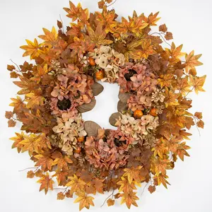 26 Inch Artificial Dried Hydrangea Wreath, Autumn Fall Wreath, Silk Floral Door (Fall Colour Hydrangea/Maple Leaves)