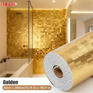 3D Mosaic Wallpaper, Thick Self-Adhesive Gold Foil Grid Stripe Reflective Mirror Wall Sticker, Removable DIY Vinyl Foam Wallpaper, Luxury Home Decor