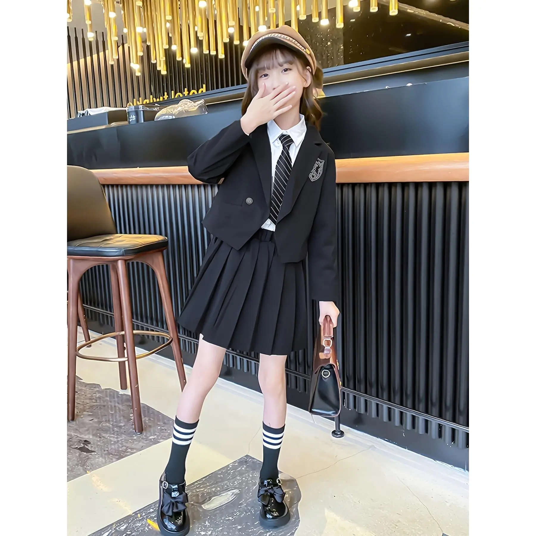 (New)2026 Elite "Three-Piece Power Outfit"! College-style black suit three-piece set for girls aged 7-15, soft to the touch, machine washable, and super stylish. Ink marks? Those are just inspiration flashes from the strategy board! Switch between three m