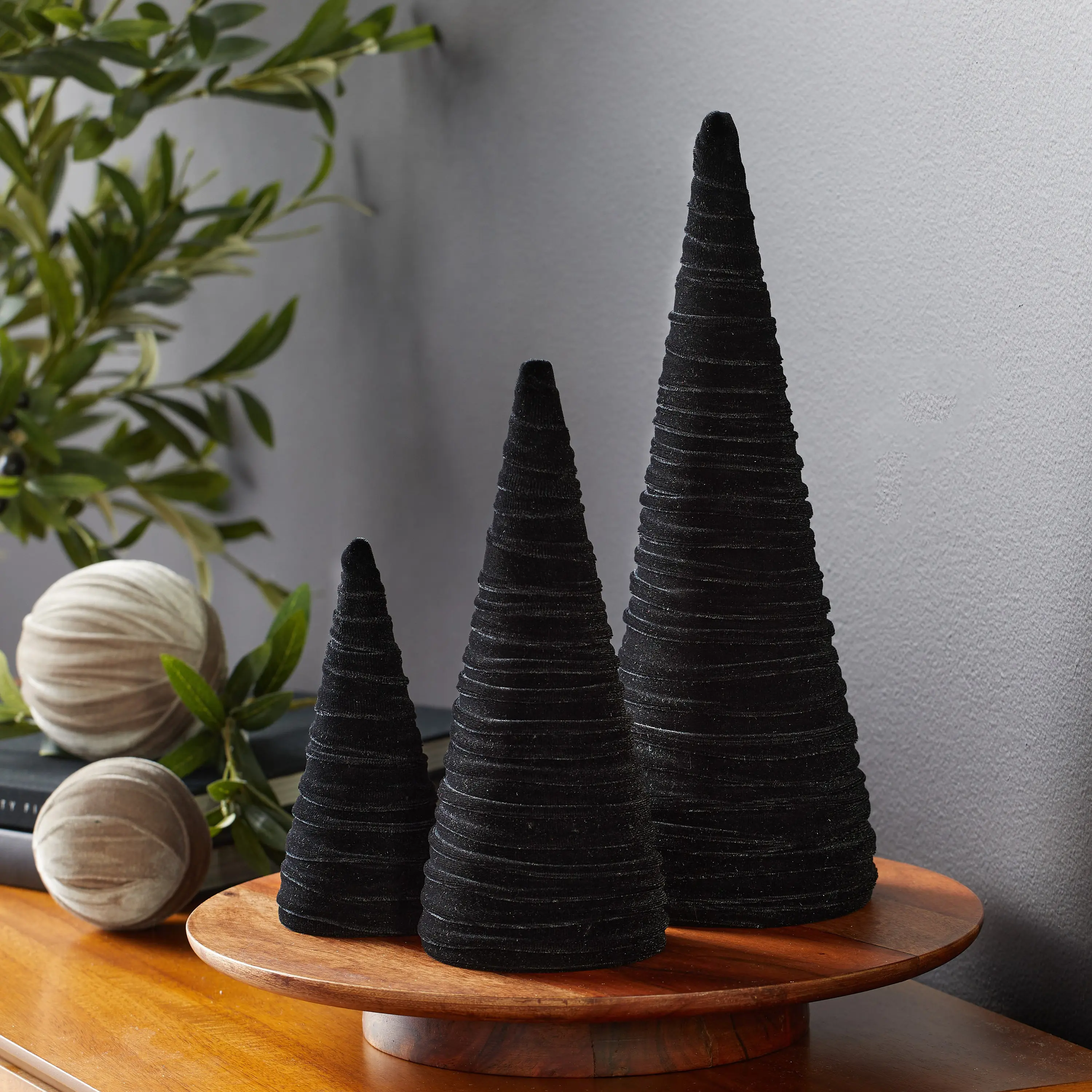 Black velvet cones set of 3, everyday mantel décor, black and white, Christmas tablescape, wedding centerpiece, modern farmhouse, best