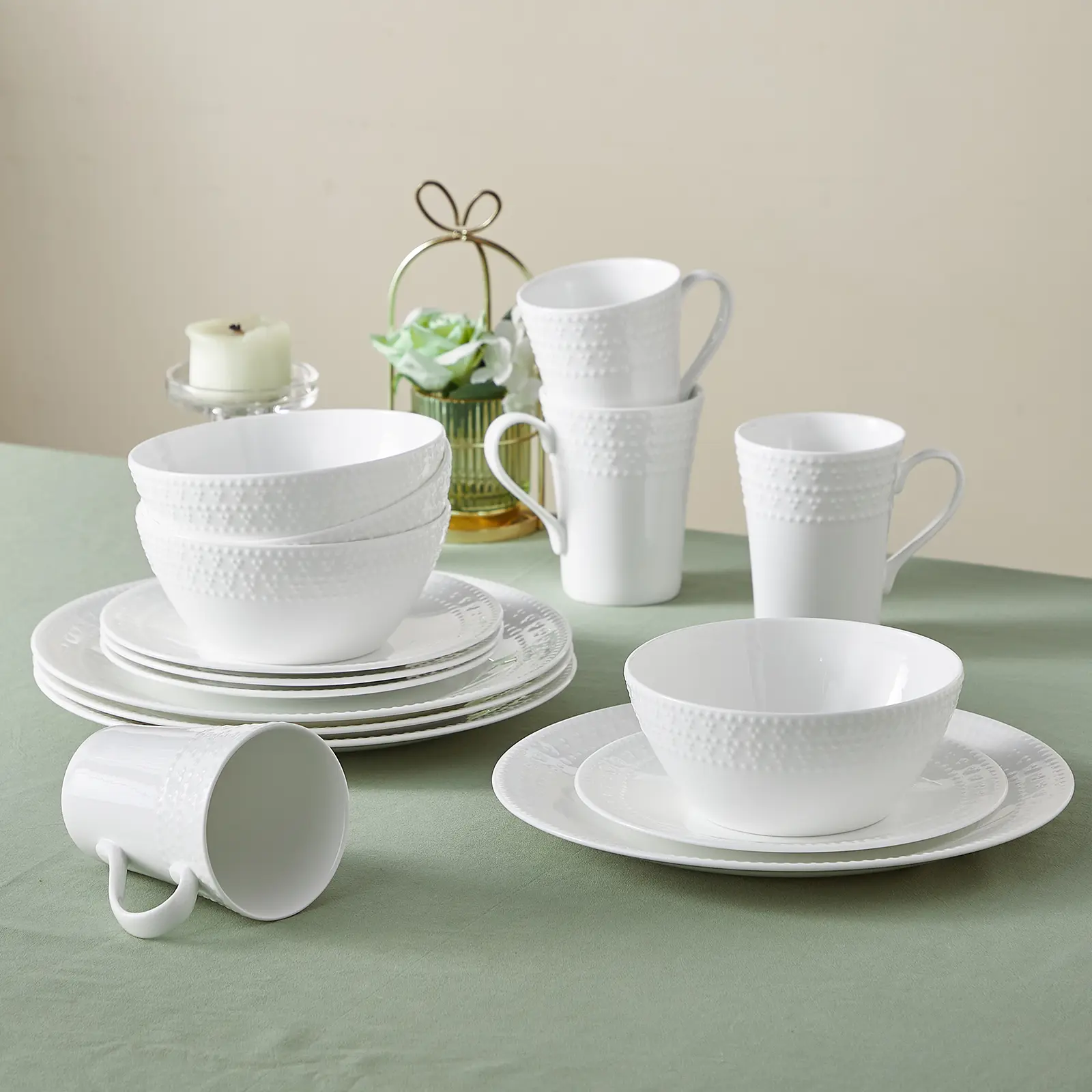 【Memorial Day】Silvanest Aesthetic White Bone China Dish Set for 4 | 16pc Textured Pearl Dotted Dinnerware | High-End New Home Essential | Microwave & Oven Safe