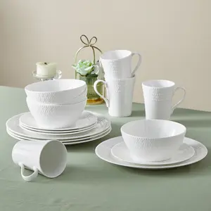 【Mermory Day】Silvanest Aesthetic White Bone China Dish Set for 4 | 16pc Textured Pearl Dotted Dinnerware | High-End New Home Essential | Microwave & Oven Safe